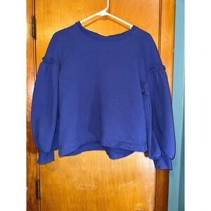Lou & Grey Blue Cropped Crewneck Long Sleeve Sweater Ruffles Large